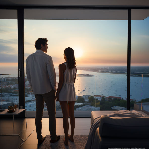 Couple primo-accédants ayant acheté un appartement neuf avec vue mer